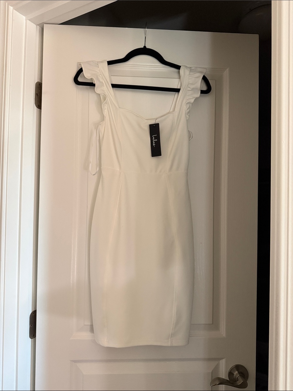 LULUS Sleeveless White Ruffle Strap Sheath Dress